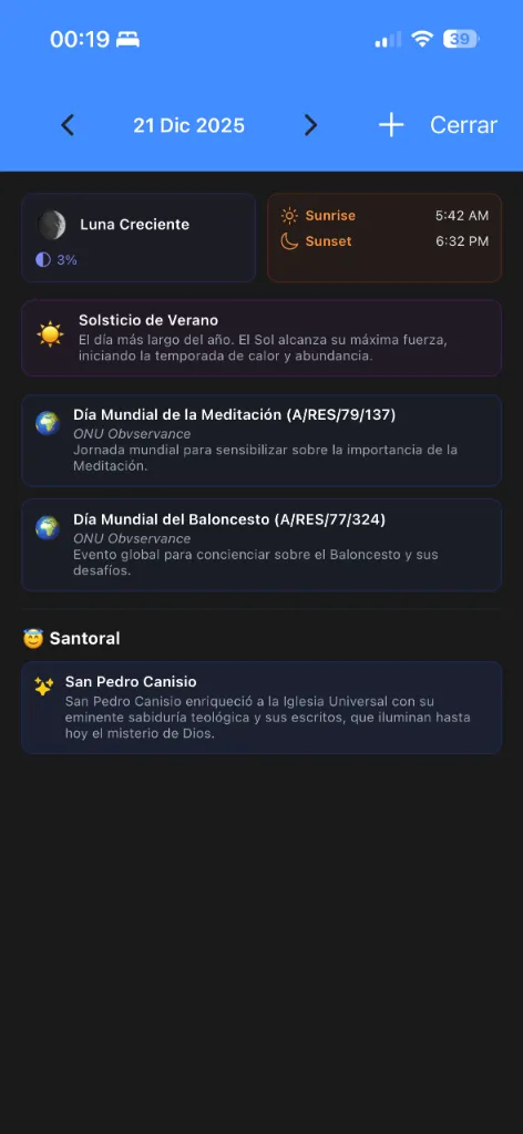 Vista de lista de Calendario Perú con feriados y eventos culturales