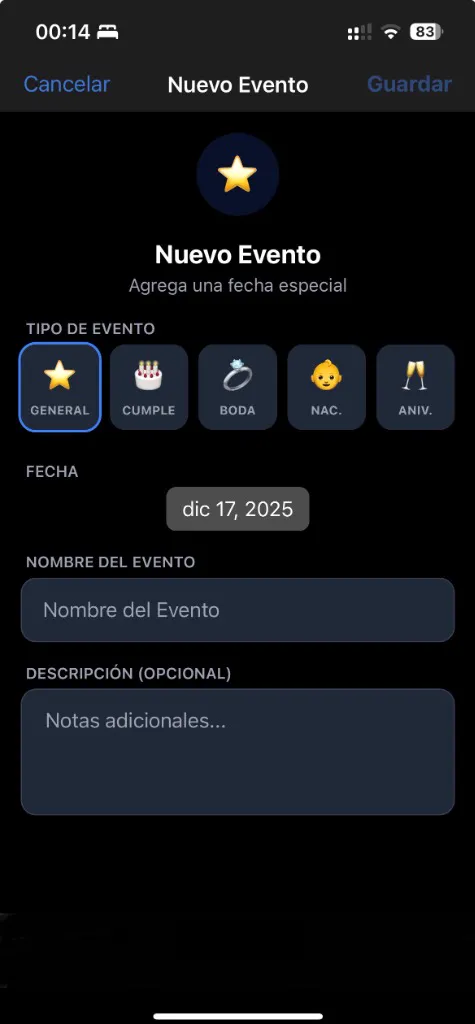 Pantalla para crear eventos personales en Calendario Perú
